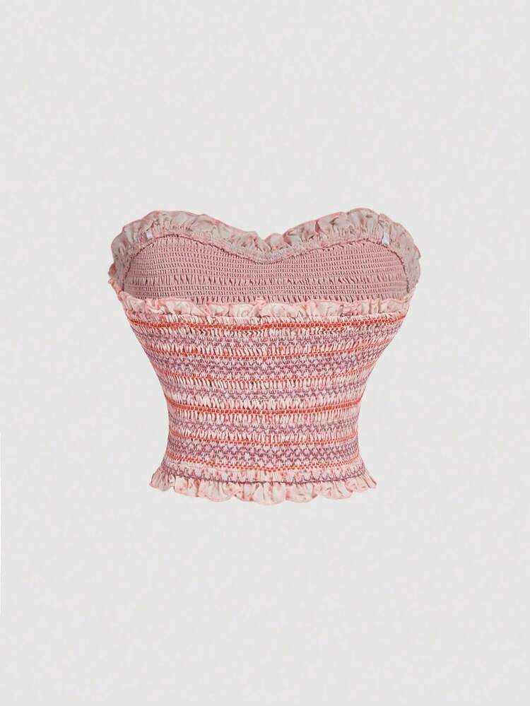 Women's Vacation Pink Ditsy Floral Strapless Top,Summer Women Tops