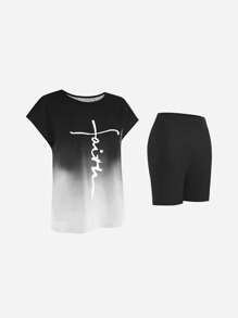 Zolique Ombre Letter Print Pleated Collar Short Sleeve T-Shirt And Solid Color Shorts Set For Summer - Black - View 7