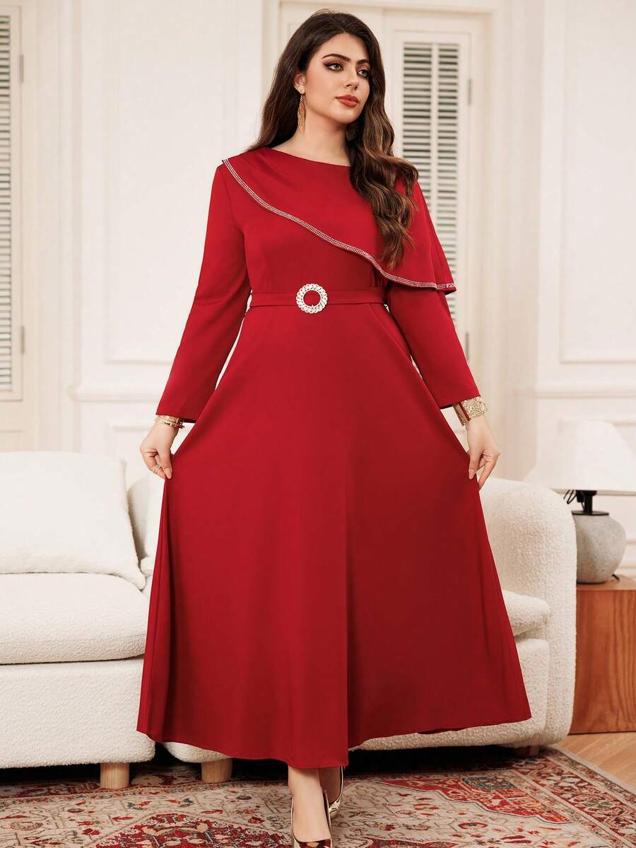 Rochie Arabă De Femei Cu Mânecă Lungă Bordeaux Gât Asimetric Impodobit cu Strass Cu Curea