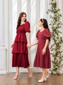 少女可愛泡泡袖圓領側綁中長款連衣裙 - 紅色 - 查看 4