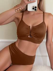 SHEIN Swim Conjunto de bikini de dos piezas para mujer, traje de baño de tela especial para vacaciones, traje de baño de playa de verano