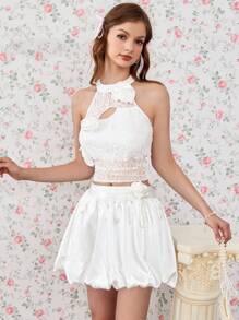 Chiquease Sweet And Pure Lace 3D Flower Asymmetrical Design Waist-Cut Ruffled Top With Detachable Satin Bud Belt And 3D Flower Mini Skirt Set - White - View 7