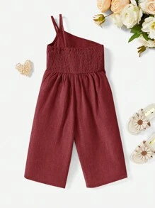 SHEIN 寶寶女孩簡約純色單肩連身衣，夏季度假的完美選擇 - 紅色 - 查看 2