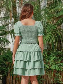 Teen Girl Green Square Neck Short Sleeve Top & Green Midi Cake Skirt & Long Sleeve Square Neck Running Top & Casual Crossed Casual Pants Family Matching Outfits (4 Sets Sold Separately) - Green - View 2