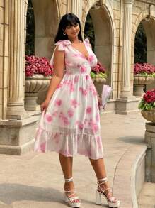 Sunnyshic Plus Size Women's Summer Vacation Shoulder Strap Floral Printed Ruffle Hem Sleeveless Elegant Dress