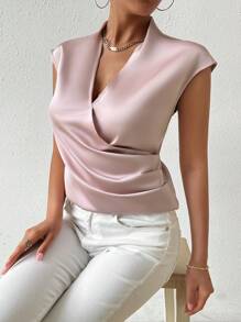 Chiquease Blusa simple de satén de unicolor para uso diario de mujeres - Rosa - Ver 6