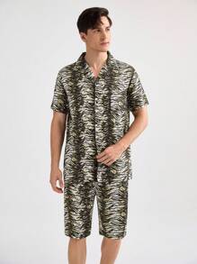 男士隨機印花短袖和短褲家居服套裝 - 棕色 - 查看 1
