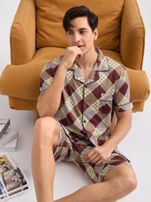 Men's Fashion Plaid Short Sleeve Shirt And Pants Homewear Set - Red - View 1