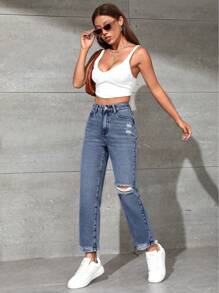 SHEIN PETITE High Waist Ripped Straight Leg Jeans - Light Wash - View 4