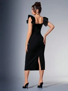 MaterniChic Maternity Cozy Afternoon Cap Sleeve Sweetheart Neckline Hollow Out Knit Solid Color Dress - Black - View 2