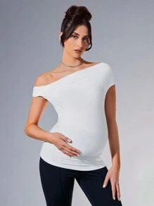 MaterniChic 孕婦舒適午後優雅年輕和成熟斜肩短袖長修身T卹