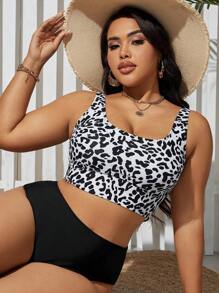 Swim Lushoire Plus Size Women Summer Beach Fashion Leopard Print Tankini Set - Black and White - View 7
