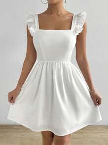 Rafferiza Vestido blanco de verano con escote cuadrado descubierto en la espalda y diseño acampanado corto - Blanco - Ver 2
