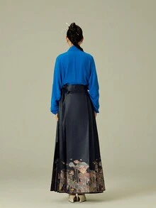 Chinese Style Horse-Face Skirt With Lotus Jacquard Weave Lady's Long Skirt - Blue - View 2