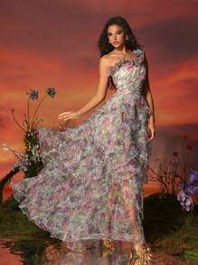 VIPGIRL 女士不对称领口蕾丝和荷叶边下摆舞会礼服，（厚重款式）优雅正式晚间婚礼宾客礼服，适合毕业典礼、晚宴派对礼服