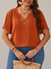 EMERY ROSE 加大尺碼女裝紋理襯衫，帶有條紋和荷葉邊袖子細節，木扣裝飾，圓領黃色媽媽夏季衫 - 鏽棕色 - 查看 5