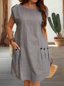 EMERY ROSE 大码女装夏季田园时尚条纹圆领无袖宽松连衣裙 - 杏色 - 查看 1