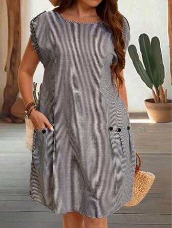 EMERY ROSE Plus Size Women's Summer Countryside Fashion Striped Round Neck Sleeveless Loose Dress