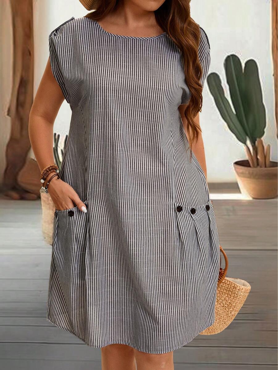 EMERY ROSE 大码女装夏季田园时尚条纹圆领无袖宽松连衣裙 - 杏色 - 查看 1