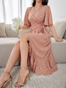 Modelyn 女士金色印花蝴蝶袖裹身裙，荷叶边下摆，系腰长款晚礼服 - 粉色 - 查看 6