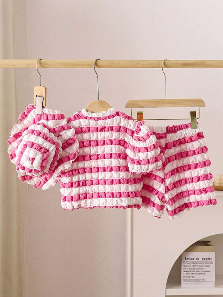 Young Girl Summer Striped Round Neck Short Puff Sleeve Top And Shorts Lovely 2pcs/Set