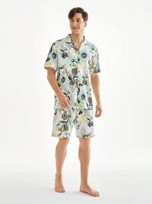 Men's Summer Floral Printed Short Sleeve Shorts Homewear Set