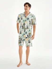 Men's Summer Floral Printed Short Sleeve Shorts Homewear Set