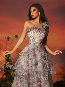 VIPGIRL 女士不对称领口蕾丝和荷叶边下摆舞会礼服，（厚重款式）优雅正式晚间婚礼宾客礼服，适合毕业典礼、晚宴派对礼服