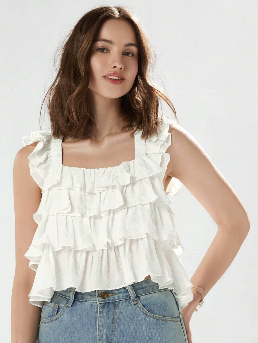 Enchnt Ladies Solid Color Tiered Layer Sleeveless Summer Blouse - White - View 1