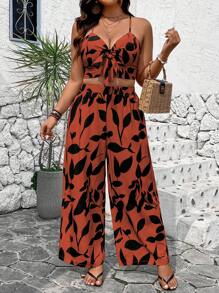 Breezaya Plus Size Allover Print Knot Strap Tank Top And Shorts 2pcs Summer Vacation Set - Burnt Orange - View 3