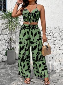 Breezaya Plus Size Wiązany top na ramiączkach i szorty z nadrukiem na całej powierzchni Letnie wakacje Dwuczęściowy zestaw