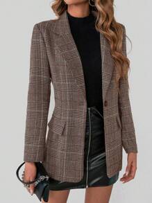 Women's Contrast Plaid Lapel Single-Breasted Blazer - Mocha Brown - View 1
