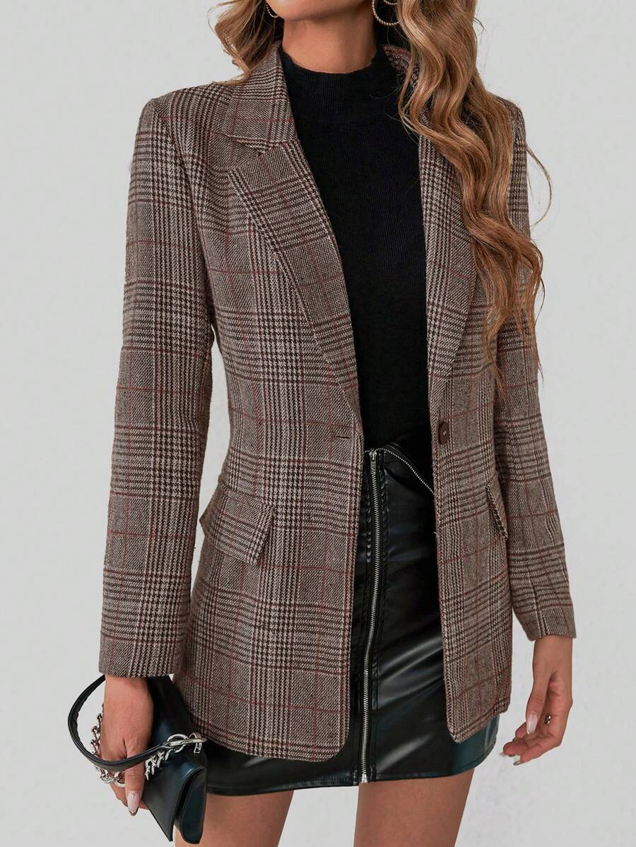 Women's Contrast Plaid Lapel Single-Breasted Blazer - Mocha Brown - View 1