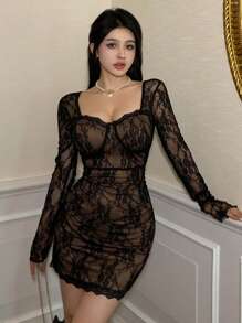 DAZY Women's Lace Long Sleeve Formal Dress For Party/Reunion Festival,Ruffle Sheer,Fall Dress - Black - View 1