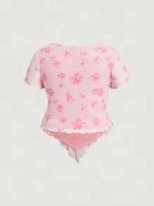 SHEIN MOD Summer Floral Print Twisted Tie Front Plus Size Short Sleeve T-Shirt With Curved Hem - Pink - View 2