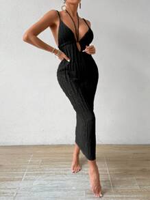 Breezaya Vestido de punto elegante para mujer con estilo de vacaciones de 2024, ajustado y sin espalda