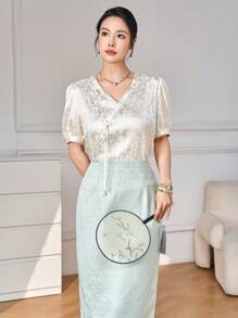 Modelyn Ensemble de vêtements traditionnels chinois Hanfu avec Top à manches courtes avec boucle à col en V et motif floral sombre et jupe, tenue traditionnelle