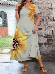 EMERY ROSE Summer Sunflower Print Bodycon Dress For Plus Size Women - Grey - View 4