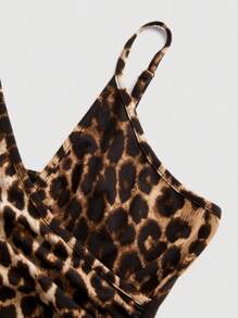 SHEIN Privé 婦女夏季派對、聚會、音樂節及Ins相片拍攝時尚豹紋包頭短裙，有褶皺和腰帶設計，優雅迷人 - 棕色 - 查看 9