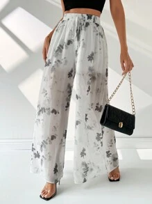 SHEIN Privé Women's Elegant Summer Wide Leg Snowflake Flower Printed Chiffon Pants - Multicolor - View 3