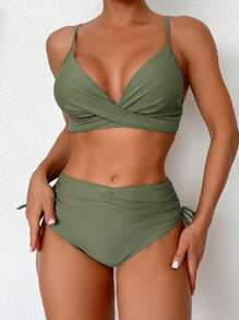 SHEIN Swim Bãi biển mùa hè dành cho nữ Bộ bikini màu trơn mặt trước gợi cảm Bộ đồ tắm 2 mảnh - màu nâu - Xem 4