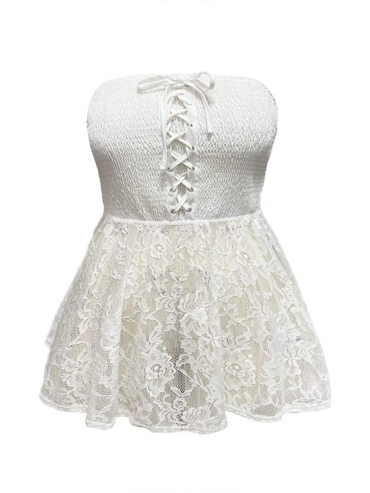 Plus Size Women's Summer Solid Color Eyelet Strap Lace Hem Tube Top