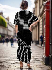 SHEIN LUNE 女士圆领条纹花卉印花落肩袖休闲短袖连衣裙长款女装