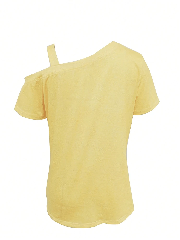 Asymmetrical Neck Twist Front Hem Short Sleeve T-Shirt