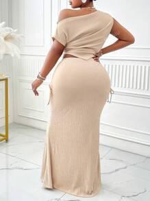BIUBIU Spring/Summer New Plus Size Elegant Casual Commuter Asymmetrical Slanted Shoulder Collar Pleated Top With Asymmetric Hem And Mermaid-Style Striped Skirt Set