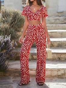 EURMUSE Two Pieces Red Top And Pant - Red and White - View 3