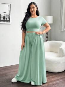 SHEIN Essnce 大码夏季女士休闲套装圆领上衣阔腿裤套装夏季套装 - 綠色 - 查看 4