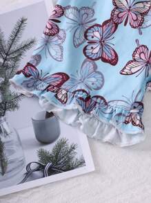 Regata com Estampa Total de Borboleta Azul para Menina Jovem com Shorts, Conjunto Casual para Casa com 2 peças