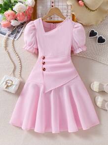 SHEIN Tween Girl Puff Sleeve Buttoned Ruffled Hem Summer Short Sleeve Dress - Pink - View 1