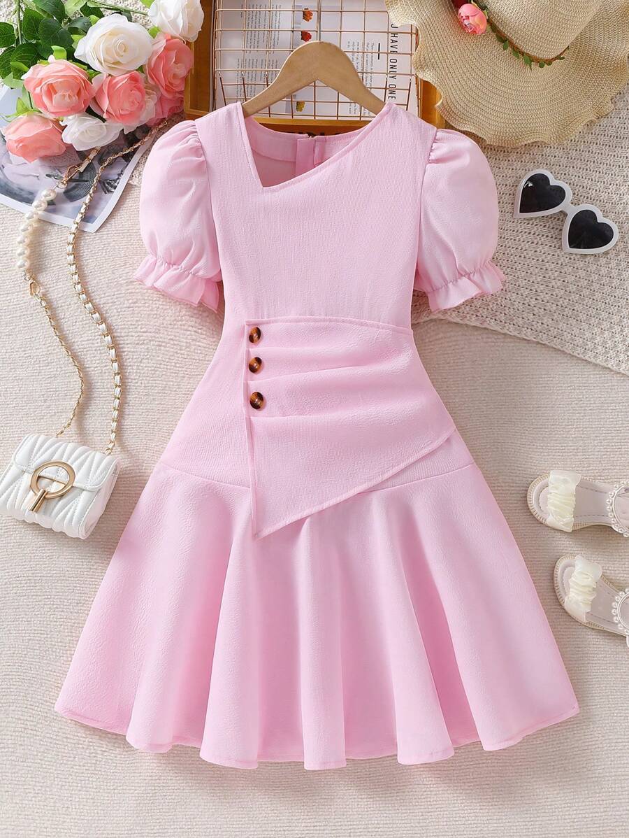 SHEIN Tween Girl Puff Sleeve Buttoned Ruffled Hem Summer Short Sleeve Dress - Pink - View 1